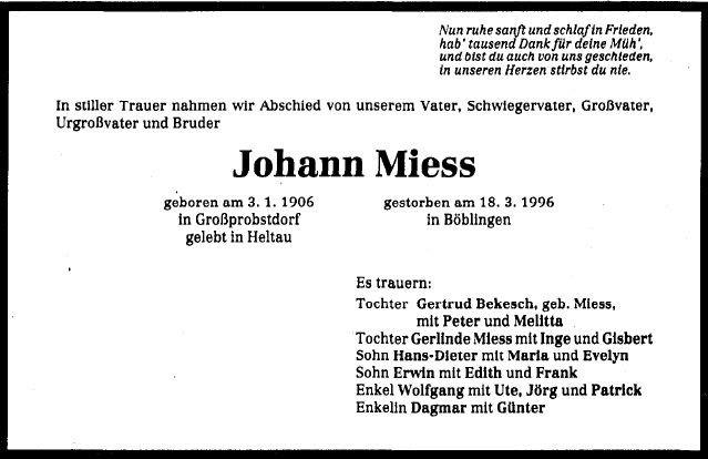 Miess Johann 1906-1996 Todesanzeige